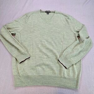 Club Monaco Sweater Mens Large‎ Green V-Neck 100% Italian Merino Wool Knit